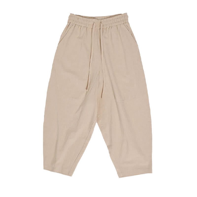 Buddha Stones Pantalones capri de algodón y lino lisos con cordón ajustable, estilo harem para hombre, con bolsillos, ideales para el verano. - image 17