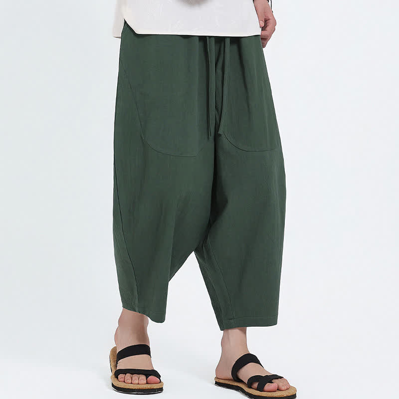 Buddha Stones Pantalones capri de algodón y lino lisos con cordón ajustable, estilo harem para hombre, con bolsillos, ideales para el verano. - image 4