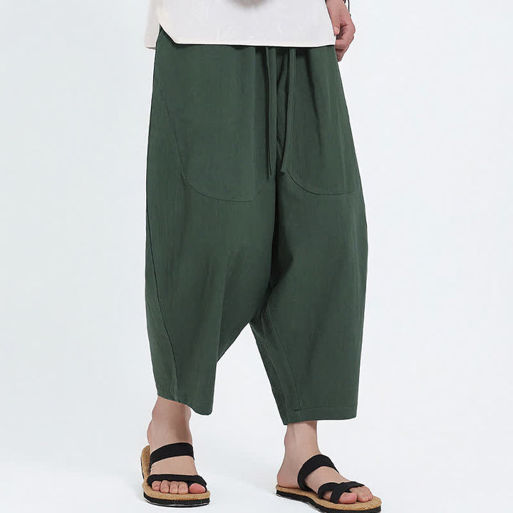 Buddha Stones Pantalones capri de algodón y lino lisos con cordón ajustable, estilo harem para hombre, con bolsillos, ideales para el verano. - image 4