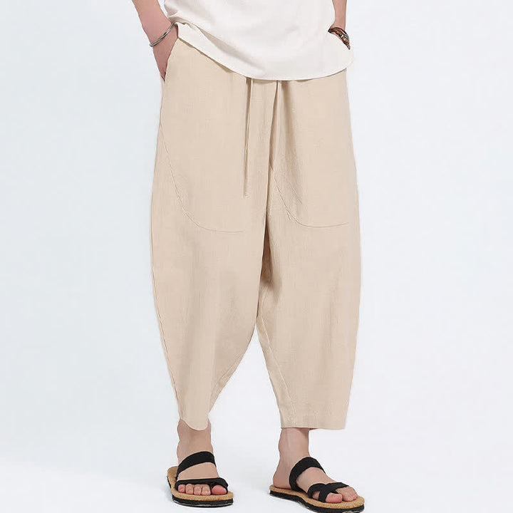 Buddha Stones Pantalones capri de algodón y lino lisos con cordón ajustable, estilo harem para hombre, con bolsillos, ideales para el verano. - image 16