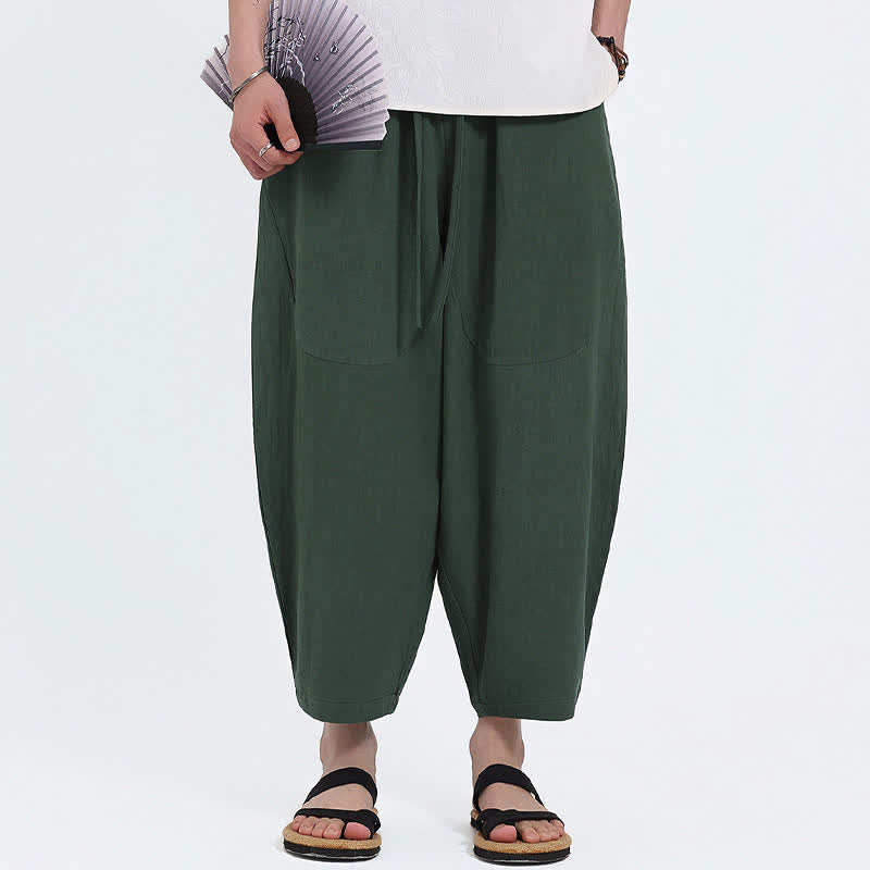 Buddha Stones Pantalones capri de algodón y lino lisos con cordón ajustable, estilo harem para hombre, con bolsillos, ideales para el verano. - image 6