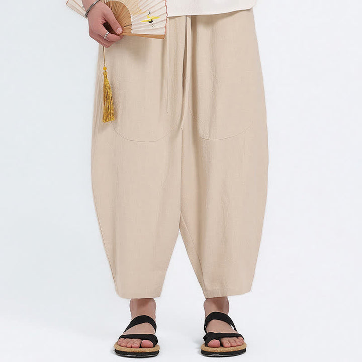 Buddha Stones Pantalones capri de algodón y lino lisos con cordón ajustable, estilo harem para hombre, con bolsillos, ideales para el verano. - image 19
