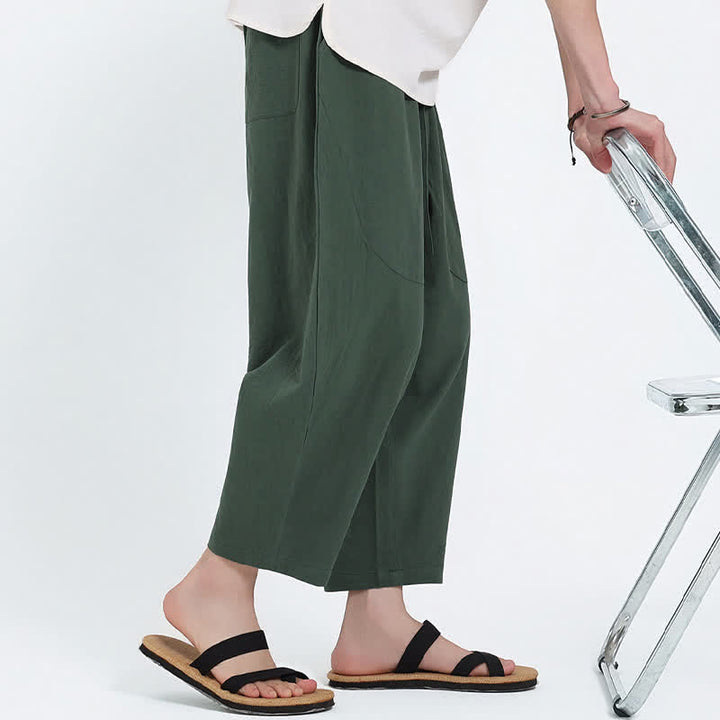 Buddha Stones Pantalones capri de algodón y lino lisos con cordón ajustable, estilo harem para hombre, con bolsillos, ideales para el verano. - image 5