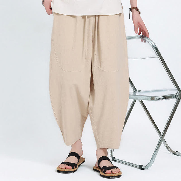 Buddha Stones Pantalones capri de algodón y lino lisos con cordón ajustable, estilo harem para hombre, con bolsillos, ideales para el verano. - image 20
