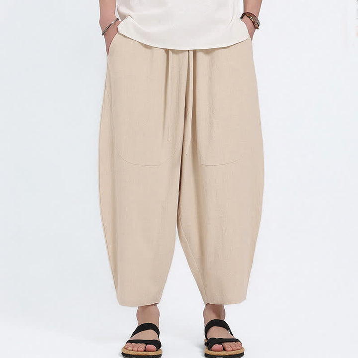 Buddha Stones Pantalones capri de algodón y lino lisos con cordón ajustable, estilo harem para hombre, con bolsillos, ideales para el verano. - image 22