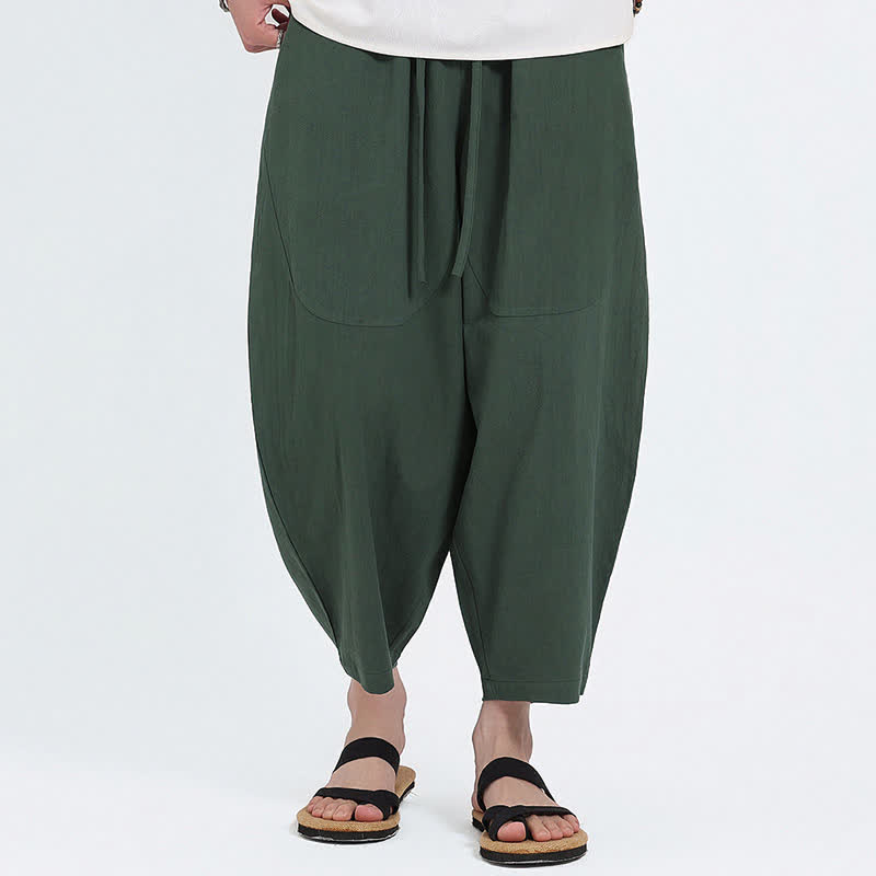 Buddha Stones Pantalones capri de algodón y lino lisos con cordón ajustable, estilo harem para hombre, con bolsillos, ideales para el verano. - Verde bosque - US/UK/AU46, EU56 (5XL) - image 0