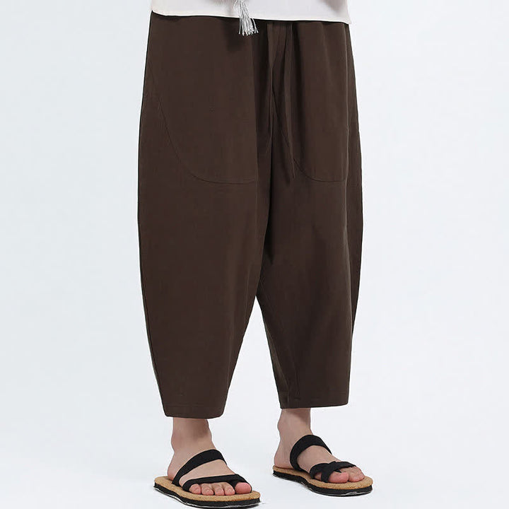 Buddha Stones Pantalones capri de algodón y lino lisos con cordón ajustable, estilo harem para hombre, con bolsillos, ideales para el verano. - image 9