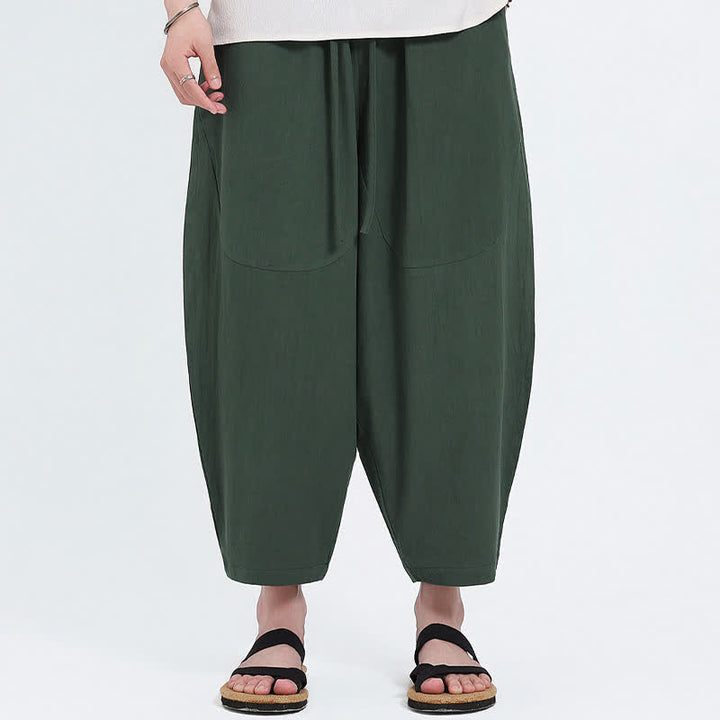 Buddha Stones Pantalones capri de algodón y lino lisos con cordón ajustable, estilo harem para hombre, con bolsillos, ideales para el verano. - image 3