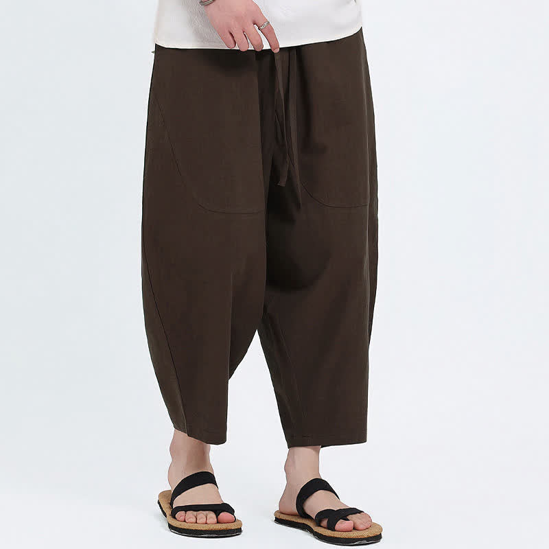 Buddha Stones Pantalones capri de algodón y lino lisos con cordón ajustable, estilo harem para hombre, con bolsillos, ideales para el verano. - image 8