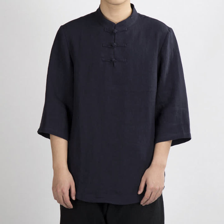 Buddha Stones Camisas de manga tres cuartos para hombre, estilo Summer Tang, con cuello mandarín y botones de rana. - image 11