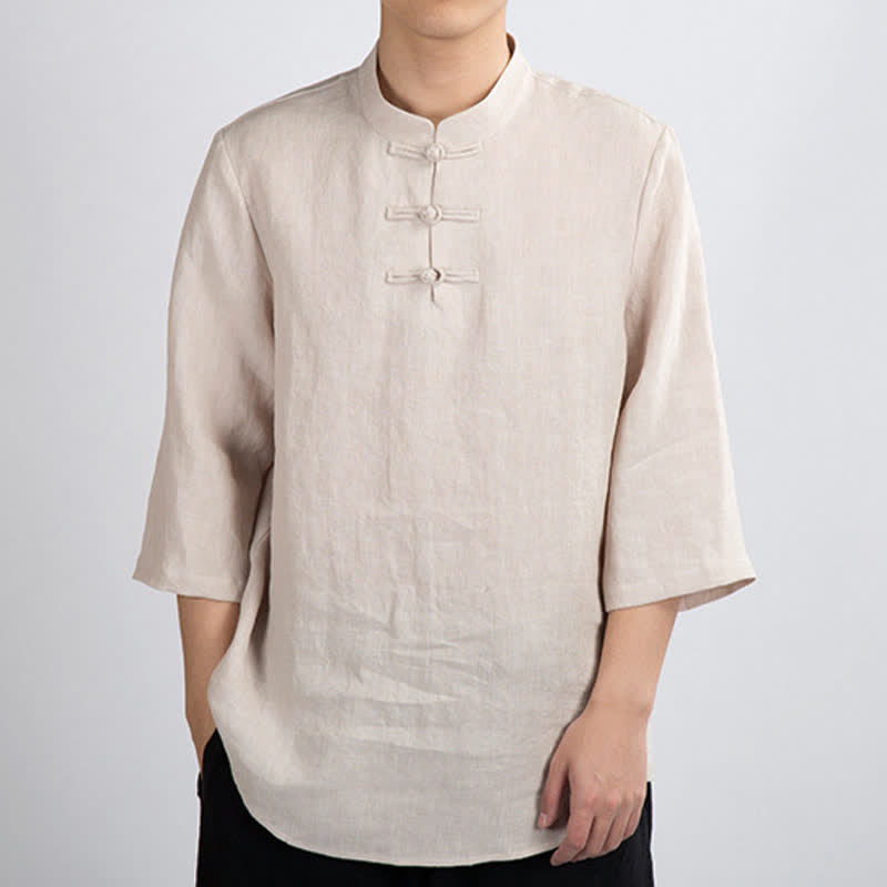 Buddha Stones Camisas de manga tres cuartos para hombre, estilo Summer Tang, con cuello mandarín y botones de rana. - Lino - US/UK/AU46，EU56 (4XL) - image 0