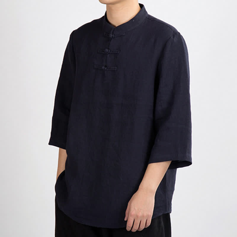 Buddha Stones Camisas de manga tres cuartos para hombre, estilo Summer Tang, con cuello mandarín y botones de rana. - image 10