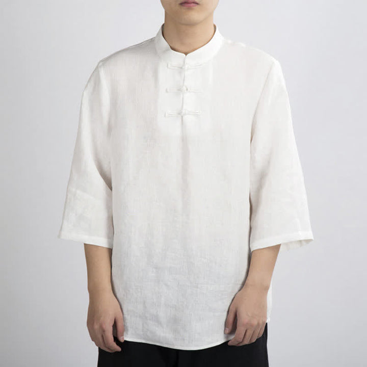 Buddha Stones Camisas de manga tres cuartos para hombre, estilo Summer Tang, con cuello mandarín y botones de rana. - image 5