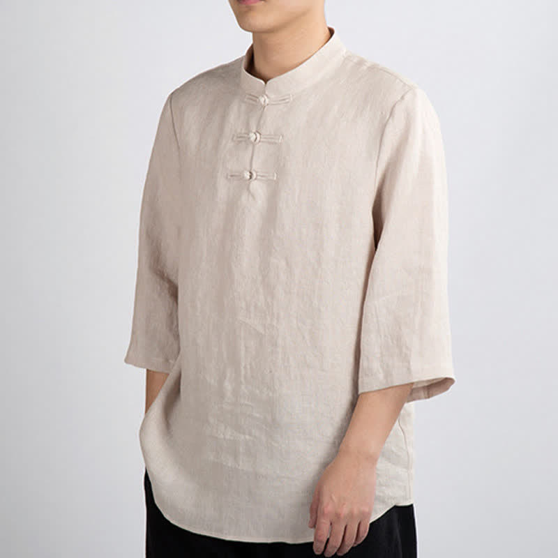 Buddha Stones Camisas de manga tres cuartos para hombre, estilo Summer Tang, con cuello mandarín y botones de rana. - image 3