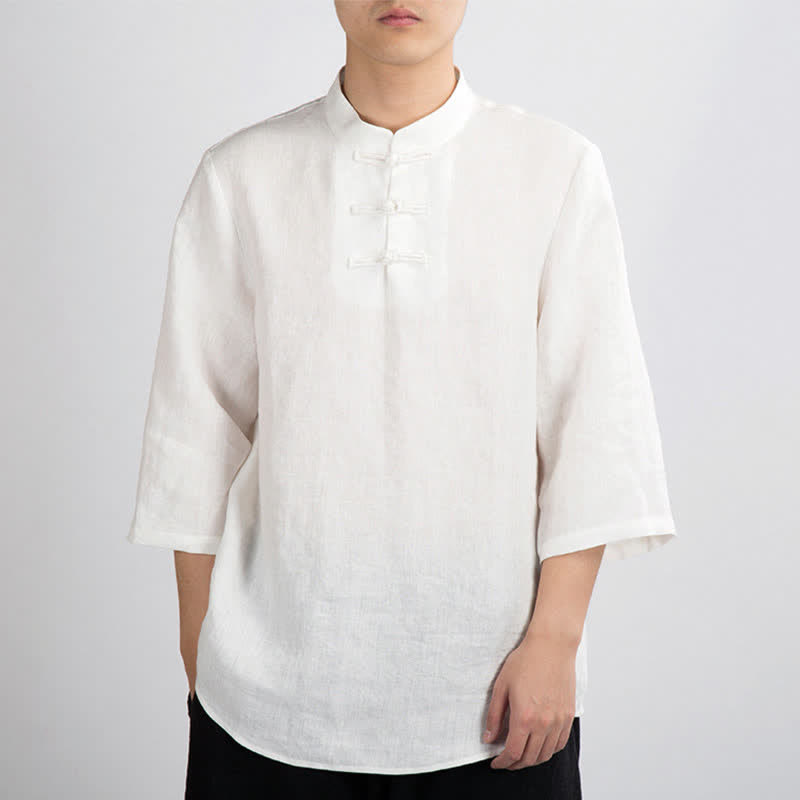 Buddha Stones Camisas de manga tres cuartos para hombre, estilo Summer Tang, con cuello mandarín y botones de rana. - Blanco - US/UK/AU46，EU56 (4XL) - image 6