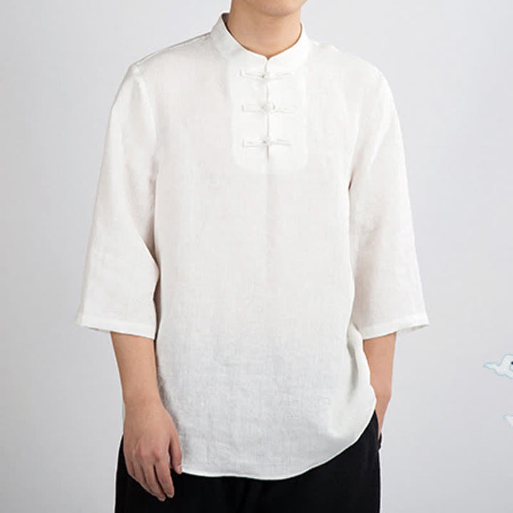 Buddha Stones Camisas de manga tres cuartos para hombre, estilo Summer Tang, con cuello mandarín y botones de rana. - image 4