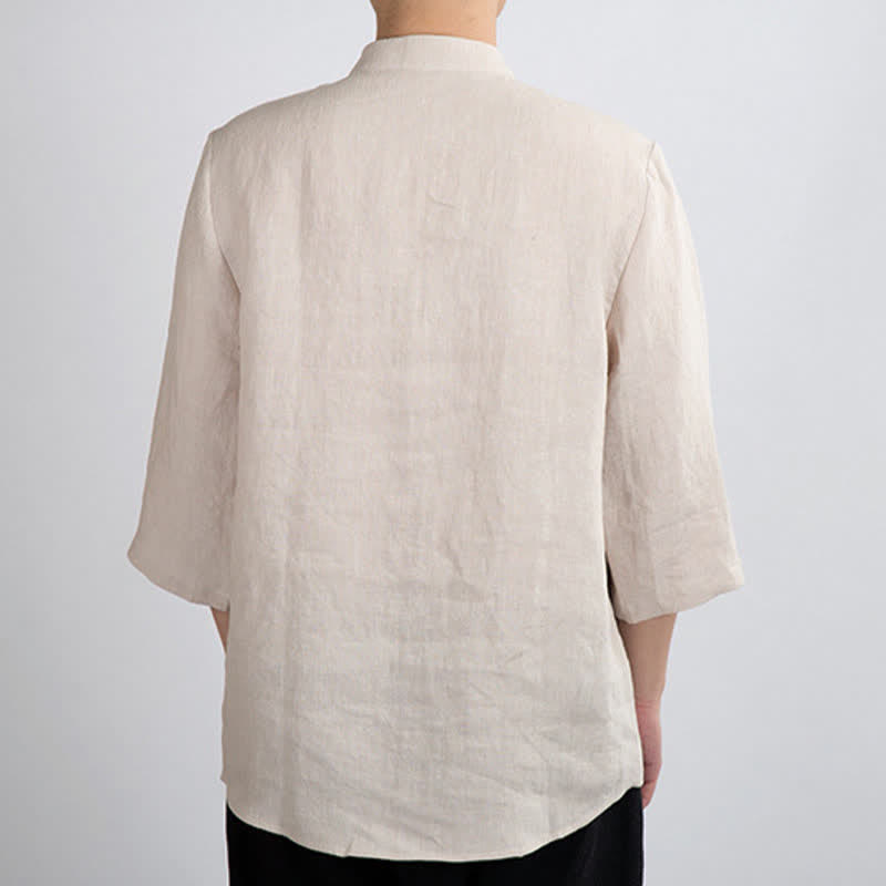 Buddha Stones Camisas de manga tres cuartos para hombre, estilo Summer Tang, con cuello mandarín y botones de rana. - image 1