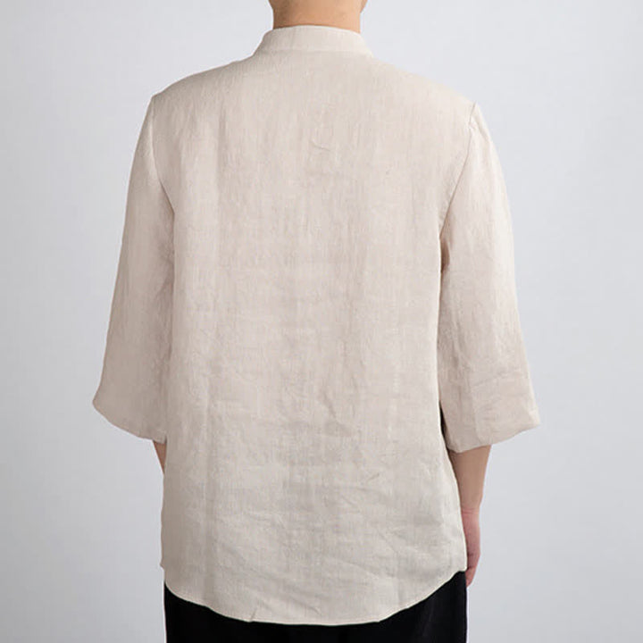 Buddha Stones Camisas de manga tres cuartos para hombre, estilo Summer Tang, con cuello mandarín y botones de rana. - image 1