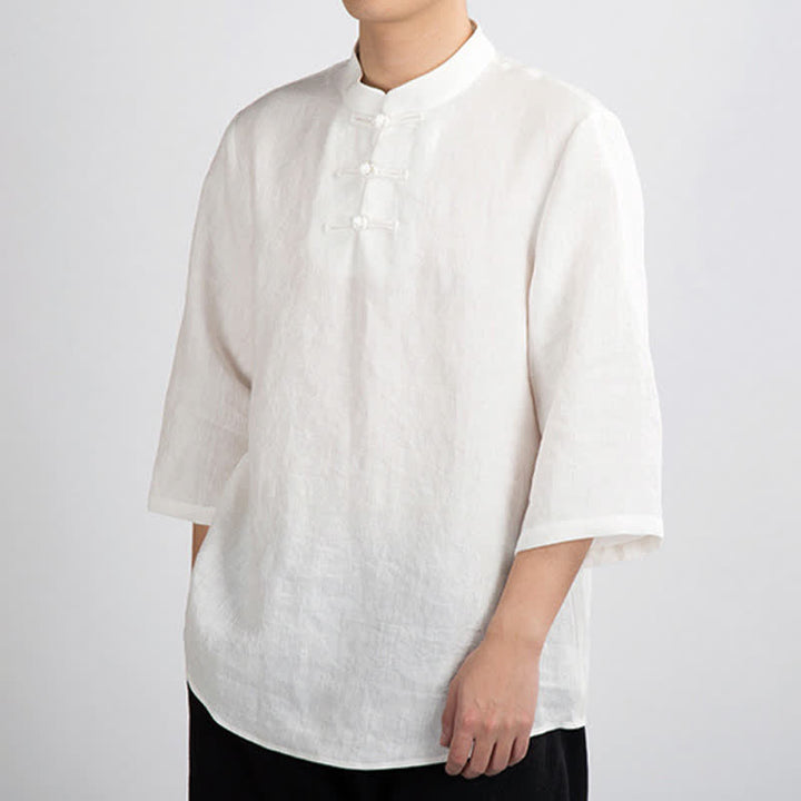 Buddha Stones Camisas de manga tres cuartos para hombre, estilo Summer Tang, con cuello mandarín y botones de rana. - image 7