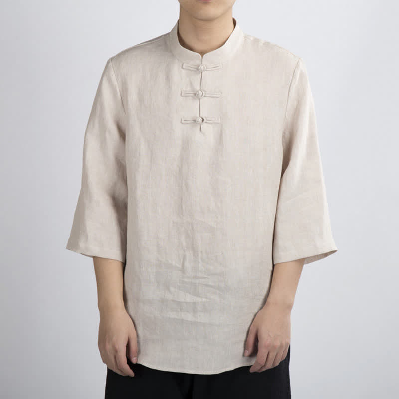 Buddha Stones Camisas de manga tres cuartos para hombre, estilo Summer Tang, con cuello mandarín y botones de rana. - image 2