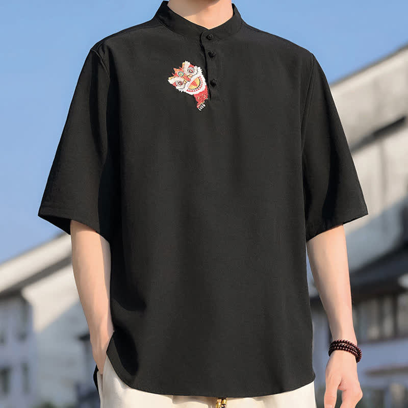 Buddha Stones Camisas de manga corta para hombre, estilo Tang de verano, con cuello mandarín y bordados. - image 1
