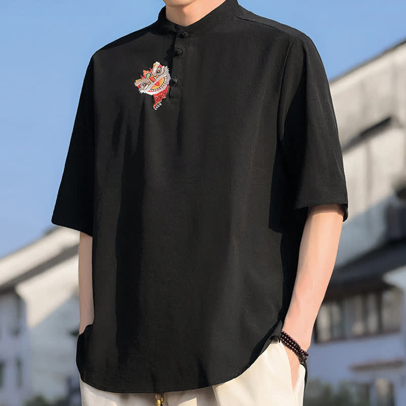 Buddha Stones Camisas de manga corta para hombre, estilo Tang de verano, con cuello mandarín y bordados. - image 4