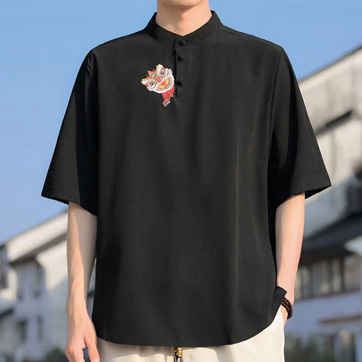 Buddha Stones Camisas de manga corta para hombre, estilo Tang de verano, con cuello mandarín y bordados. - image 3