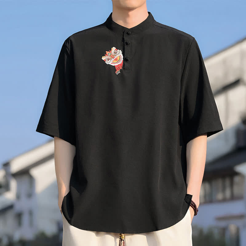 Buddha Stones Camisas de manga corta para hombre, estilo Tang de verano, con cuello mandarín y bordados. - Negro - US/UK/AU46, EU56 (5XL) - image 0