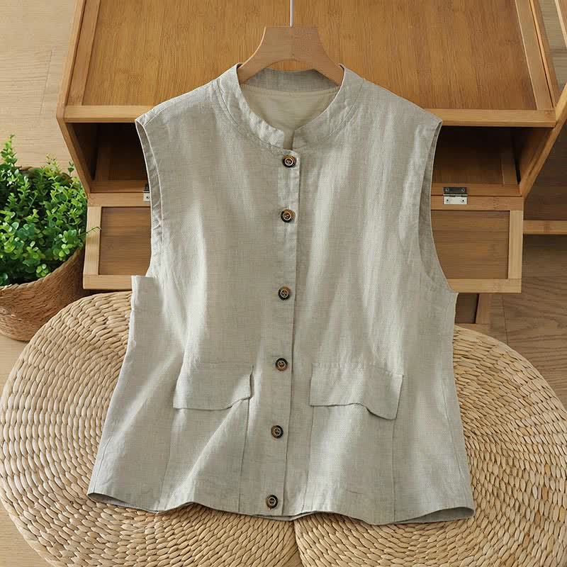 Buddha Stones Camiseta sin mangas de mujer estilo Tang minimalista con cuello mandarín y botones, color liso. - Beige - US12, UK/AU16, EU44 (2XL) - image 0