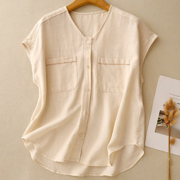 Buddha Stones Camiseta sin mangas de mujer, estilo casual de verano, minimalista, con botones y bolsillo de parche. - Blanco antiguo - US8-10, UK/AU12-14, EU40-42 (2XL) - image 0