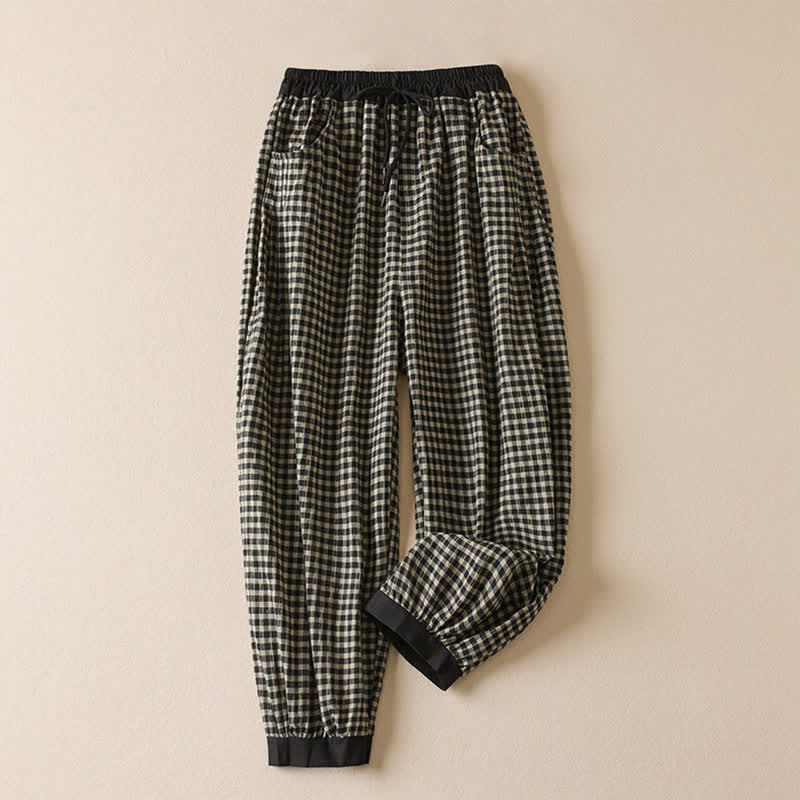 Buddha Stones Pantalones cortos de verano informales minimalistas a cuadros con cordón ajustable, pantalones harem para mujer con bolsillo - image 1