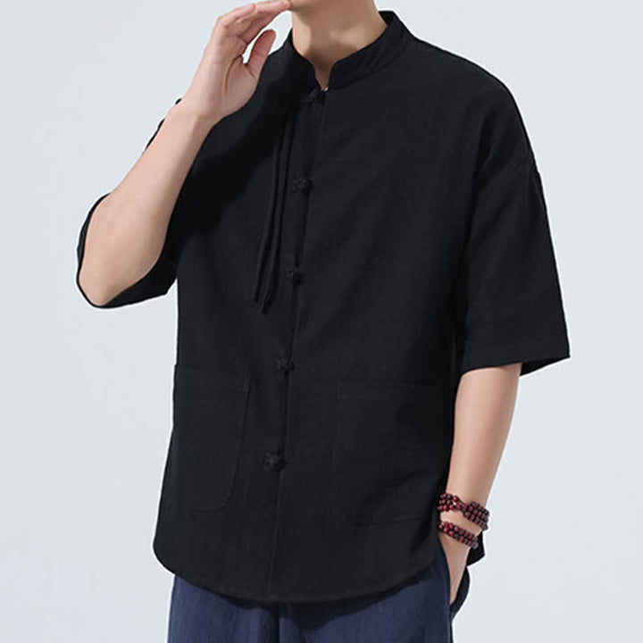 Buddha Stones Camisas de manga hasta el codo para hombre, estilo casual, con cuello mandarín, botones de rana, color liso, estilo verano Tang, con bolsillo. - image 10