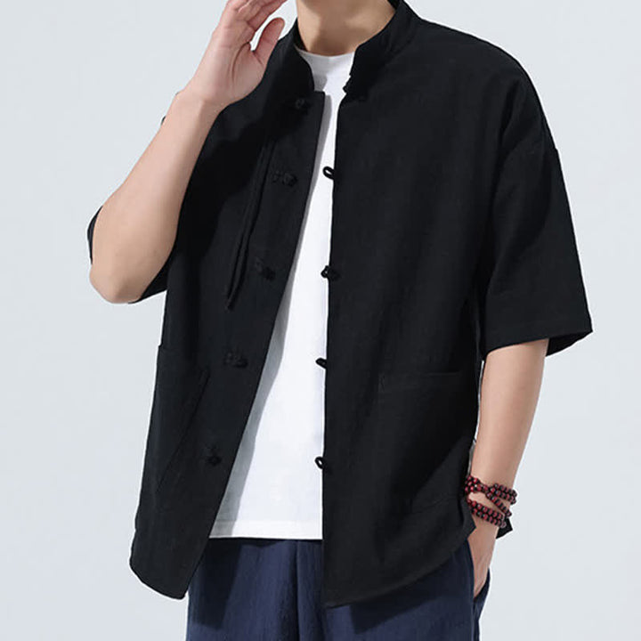 Buddha Stones Camisas de manga hasta el codo para hombre, estilo casual, con cuello mandarín, botones de rana, color liso, estilo verano Tang, con bolsillo. - image 12