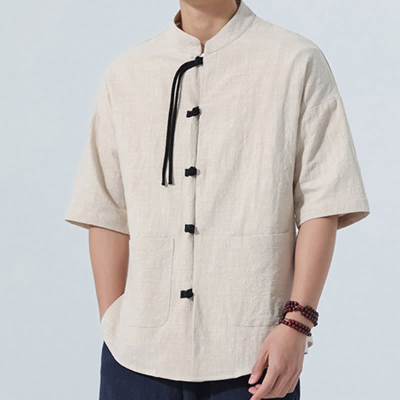 Buddha Stones Camisas de manga hasta el codo para hombre, estilo casual, con cuello mandarín, botones de rana, color liso, estilo verano Tang, con bolsillo. - image 16