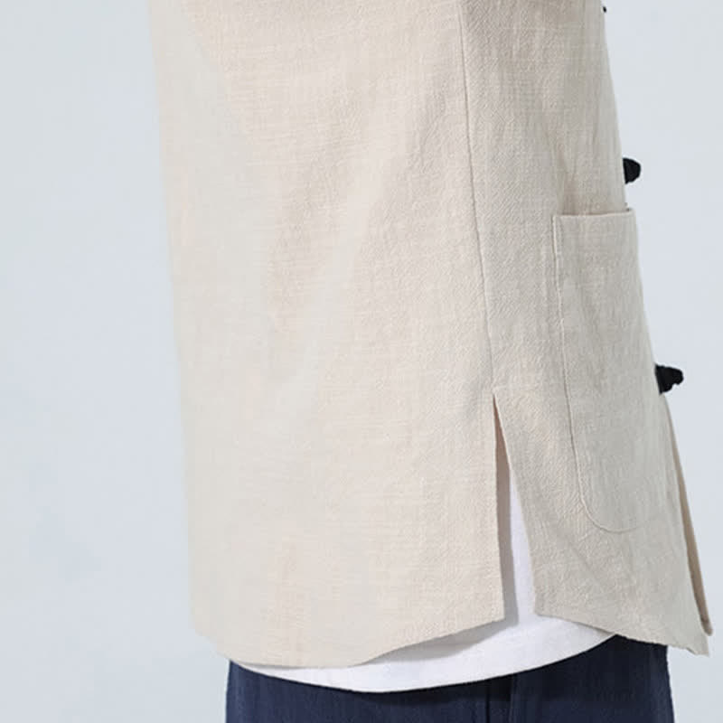 Buddha Stones Camisas de manga hasta el codo para hombre, estilo casual, con cuello mandarín, botones de rana, color liso, estilo verano Tang, con bolsillo. - image 18