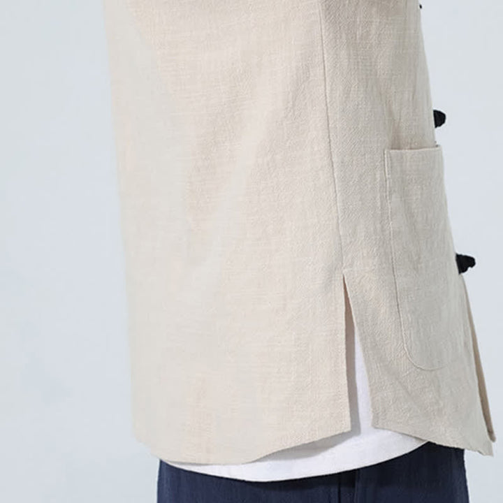 Buddha Stones Camisas de manga hasta el codo para hombre, estilo casual, con cuello mandarín, botones de rana, color liso, estilo verano Tang, con bolsillo. - image 18