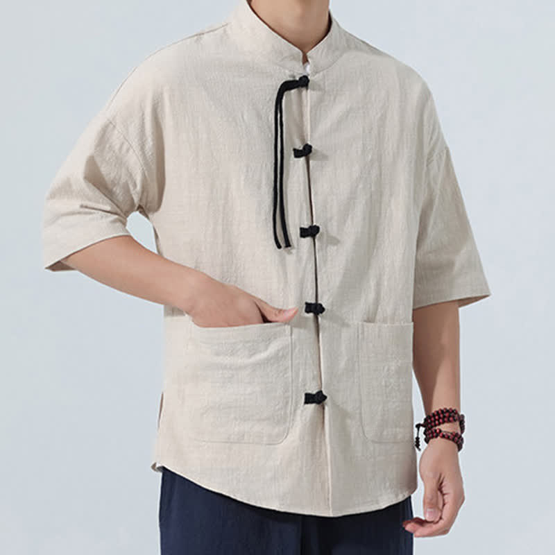Buddha Stones Camisas de manga hasta el codo para hombre, estilo casual, con cuello mandarín, botones de rana, color liso, estilo verano Tang, con bolsillo. - image 17