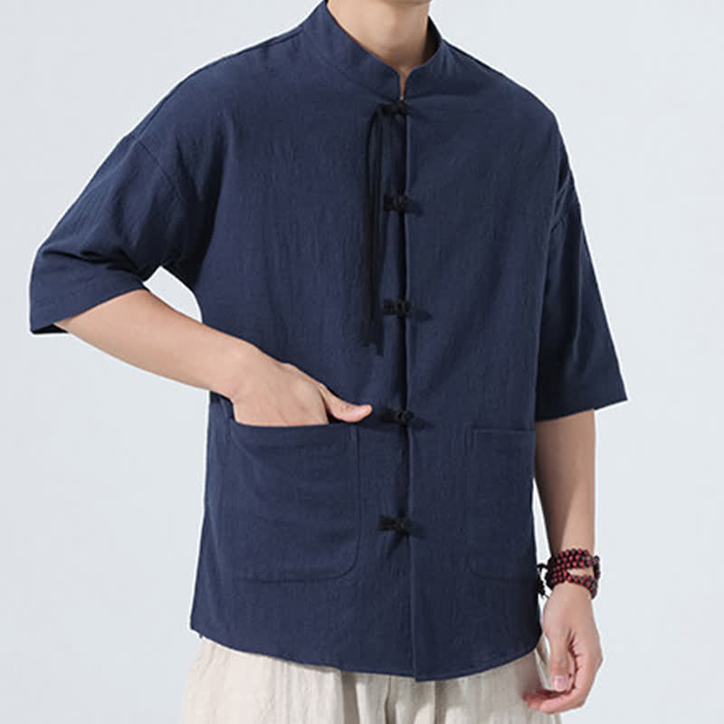 Buddha Stones Camisas de manga hasta el codo para hombre, estilo casual, con cuello mandarín, botones de rana, color liso, estilo verano Tang, con bolsillo. - image 5