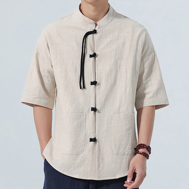 Buddha Stones Camisas de manga hasta el codo para hombre, estilo casual, con cuello mandarín, botones de rana, color liso, estilo verano Tang, con bolsillo. - image 19