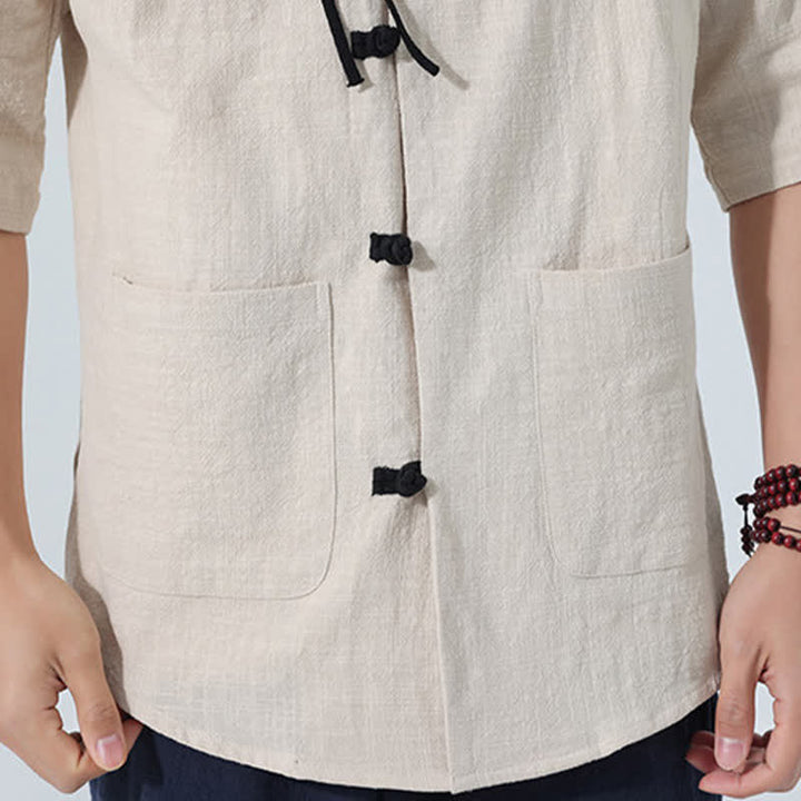Buddha Stones Camisas de manga hasta el codo para hombre, estilo casual, con cuello mandarín, botones de rana, color liso, estilo verano Tang, con bolsillo. - image 15