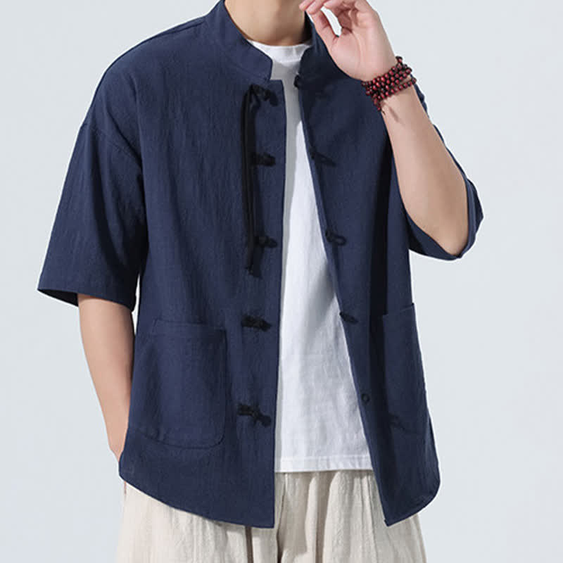 Buddha Stones Camisas de manga hasta el codo para hombre, estilo casual, con cuello mandarín, botones de rana, color liso, estilo verano Tang, con bolsillo. - image 2