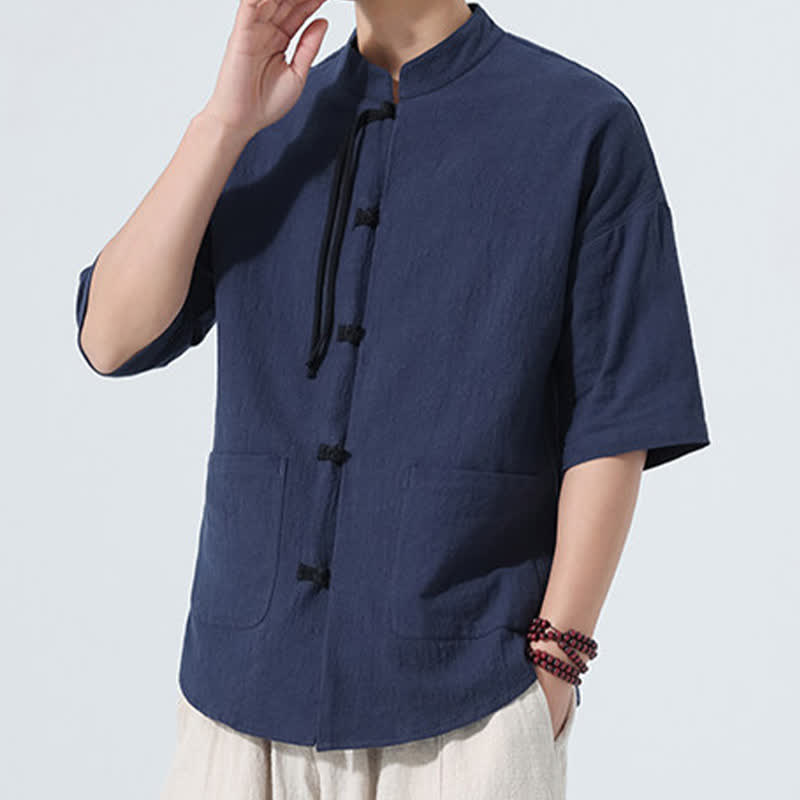 Buddha Stones Camisas de manga hasta el codo para hombre, estilo casual, con cuello mandarín, botones de rana, color liso, estilo verano Tang, con bolsillo. - image 3