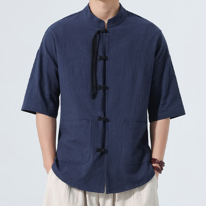 Buddha Stones Camisas de manga hasta el codo para hombre, estilo casual, con cuello mandarín, botones de rana, color liso, estilo verano Tang, con bolsillo. - Marina de guerra - US/UK/AU46, EU56 (5XL) - image 0