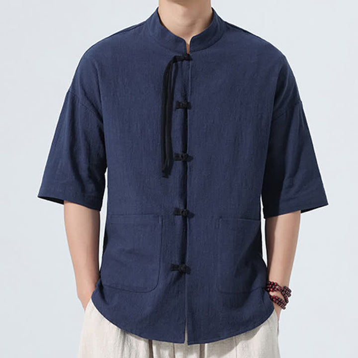 Buddha Stones Camisas de manga hasta el codo para hombre, estilo casual, con cuello mandarín, botones de rana, color liso, estilo verano Tang, con bolsillo. - image 1