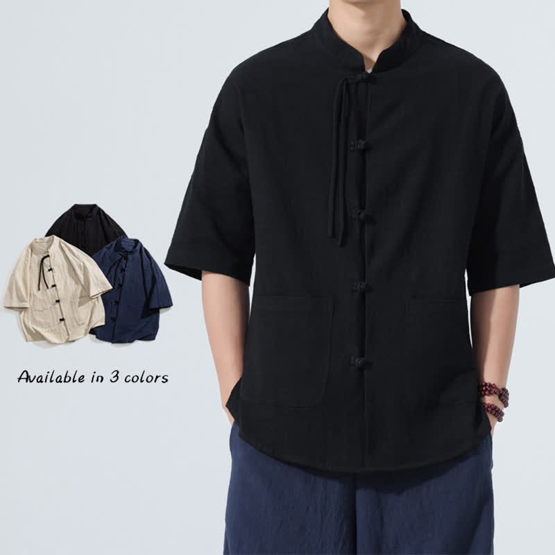 Buddha Stones Camisas de manga hasta el codo para hombre, estilo casual, con cuello mandarín, botones de rana, color liso, estilo verano Tang, con bolsillo. - image 8