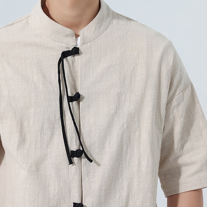 Buddha Stones Camisas de manga hasta el codo para hombre, estilo casual, con cuello mandarín, botones de rana, color liso, estilo verano Tang, con bolsillo. - image 20
