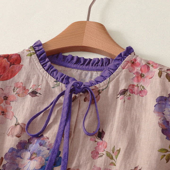 Buddha Stones Camisas de manga corta para mujer, estilo bohemio informal de verano con cordón ajustable y estampado floral de peonías y hojas verdes. - image 6