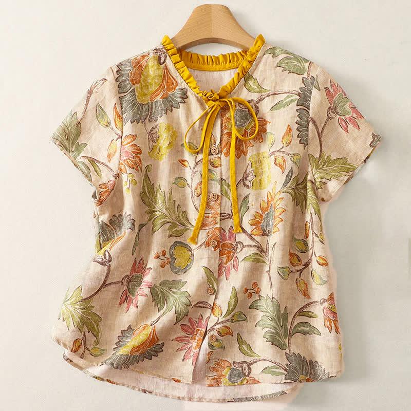 Buddha Stones Camisas de manga corta para mujer, estilo bohemio informal de verano con cordón ajustable y estampado floral de peonías y hojas verdes. - vara de oro pálida - US8-10，UK/AU12-14，EU40-42 (2XL) - image 0
