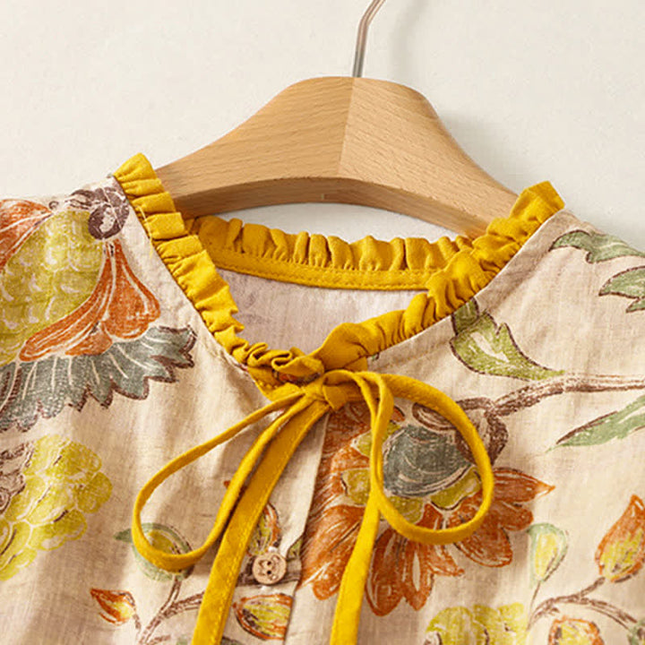 Buddha Stones Camisas de manga corta para mujer, estilo bohemio informal de verano con cordón ajustable y estampado floral de peonías y hojas verdes. - image 1