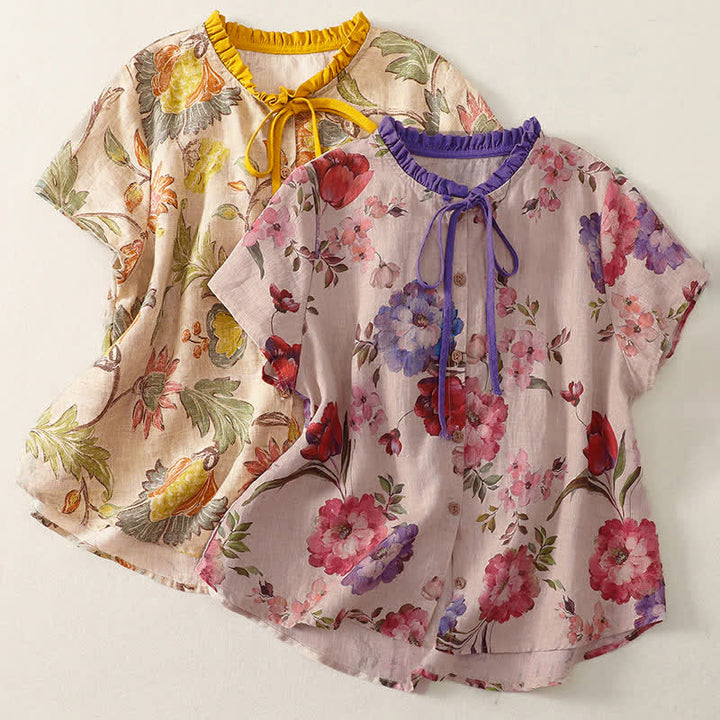 Buddha Stones Camisas de manga corta para mujer, estilo bohemio informal de verano con cordón ajustable y estampado floral de peonías y hojas verdes. - image 12
